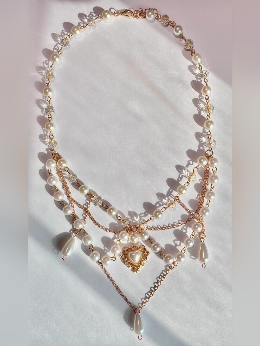 Pearl & Gold Heart Multi-Strand Necklace